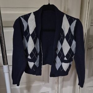 Navy Argyle Knit Cardigan Sweater
